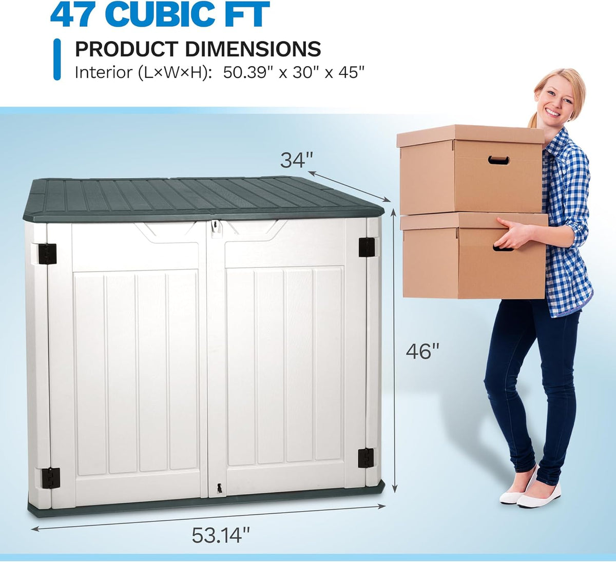 47 Cu ft Outdoor Storage Shed, Resin Outdoor Storage Box for Patio Yard Weatherproof Outdoor Storage Cabinet for Tools Pool Supplies - Lockable Deck Boxes Outdoor Waterproof(Creamy White)