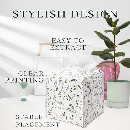 Sage Green Tissue Box Holder, Modern Leather Tissue Box Cover Square with Bottom Belt, Paper Napkins Everyday Dispenser Accessories for Bathroom Night Stands Kitchen Office Car Home Decor