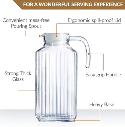 Glass Pitcher with Lid – Set of 2 Glass Water Pitcher 55Oz – Cold Carafe for Ice Tea, Water, Lemonade, Coffee – Elegant and Modern – Practical Spout Pitchers for Drinks