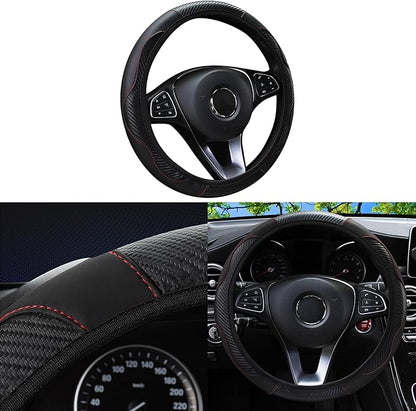 Car Steering Wheel Cover, 15 inch Carbon Fiber Microfiber Anti-Slip Breathable PU Leather Elastic Steering Wheel Protector, Car Interior Accessories for Most Cars (Black)