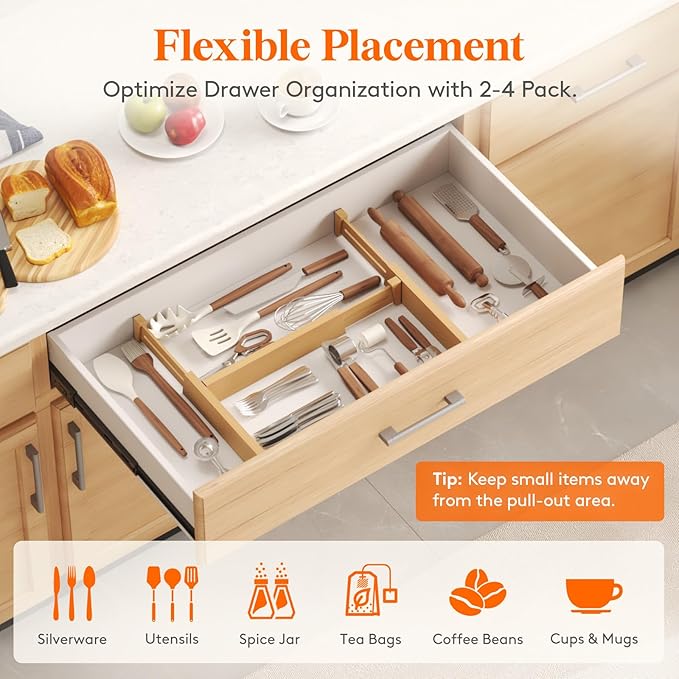 Lifewit 8 Pack Bamboo Drawer Dividers 2.4" High, 13-16.5" Kitchen Drawer Organizers, Adjustable Wooden Drawer Dividers for Clothes, Expandable Drawer Separators for Dresser, Bedroom, Bathroom, Cabinet