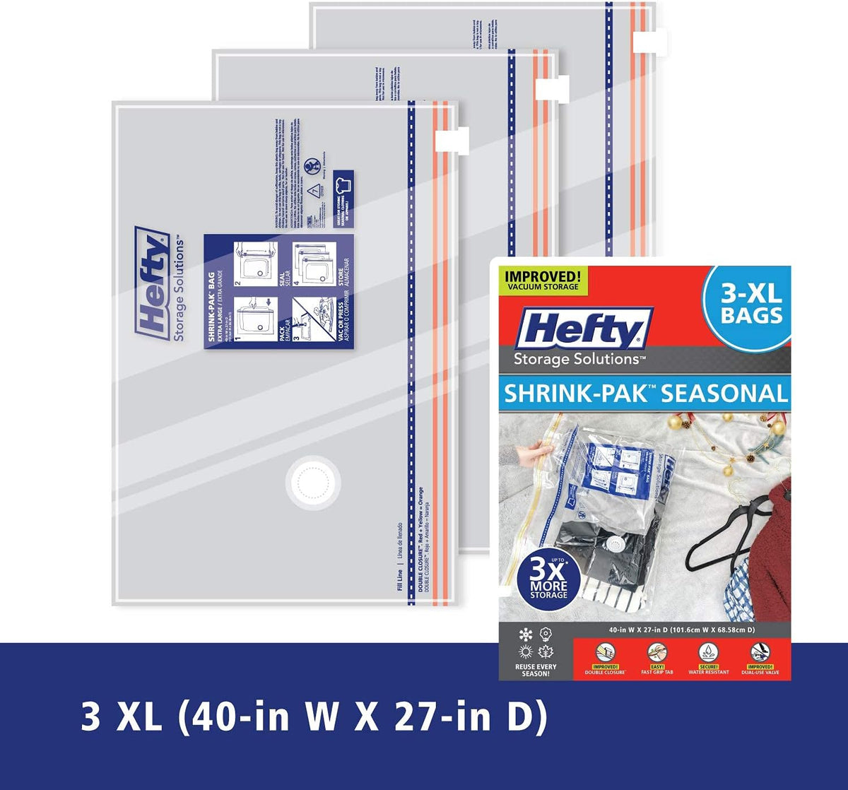 Hefty Shrink-Pak - 3 Extra Large Vacuum Storage Bags for Clothes, Pillows, Towels, or Blankets - Space Saver Vacuum Sealer Bags Ideal Under Bed Storage Solutions