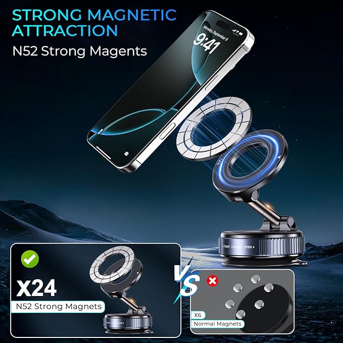 Vacuum Magnetic Phone Holder, Compatible with Magsafe iPhone and All Smartphones, Car/Gym/Kitchen/Mirror/Smooth Surface, Vacuum Suction Phone Mount