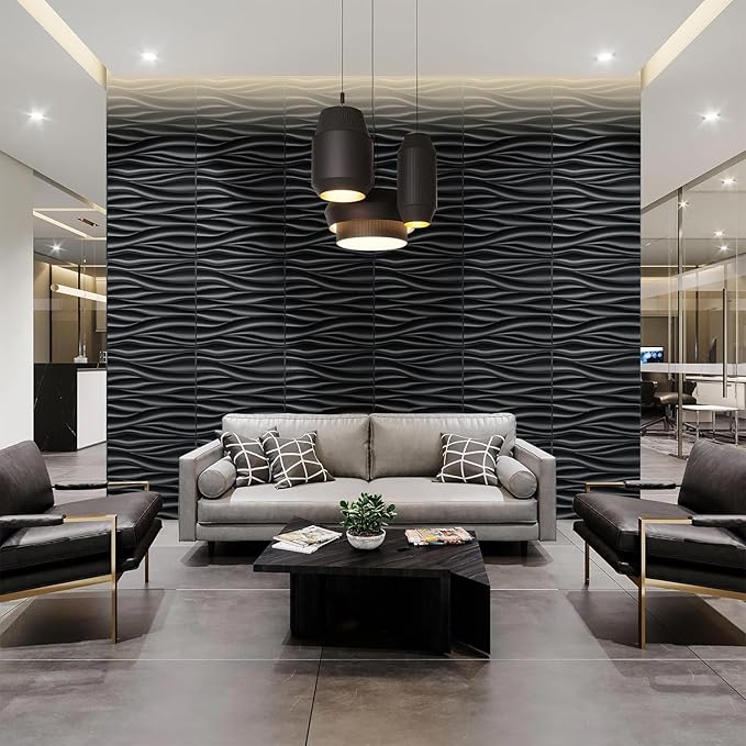 STICKGOO Black 3D Wall Panels, Wave Design Textured PVC Wall Panels,