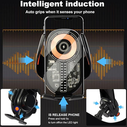 15W Car Phone Holder Wireless Charger - Auto Sensing Clamping 3-Axis Adjustable 360° Rotation Fast Charging Phone Holders for Your Car Vent Clip Slim Design with Unisex for iPhone Android Samsung