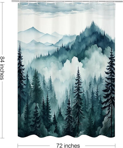 Litabel Peacock Blue Extra Long Misty Pine Forest Shower Curtain 72 x 84, XL Mountain Foggy Woodland Scenery Tree Shower Curtains for Bathroom, Abstract Waterproof Nature-Themed Decor