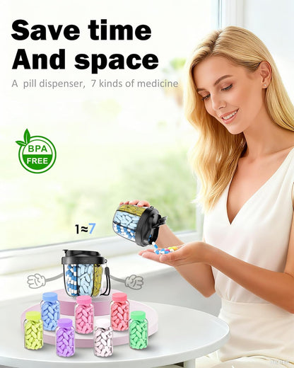 Cute Pill Organizer,Pill Dispenser with 7 Large Compartments,Portable Pill Bottle Box with Wide Opening for Easy Use, Anti-Mix Pills Organizer for Travel,Includes 20 Pcs Sticky Labels(Black)