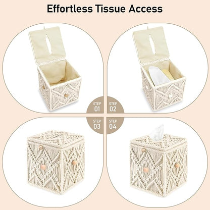 KaloKalo Handmade Tissue Box Cover Decorative Macrame Boho Square Tissue Holder Cotton Rope Woven Napkin Facial Paper Organizer Bohemian Desk Storage Container with Buckle Wood Beads (Ivory)