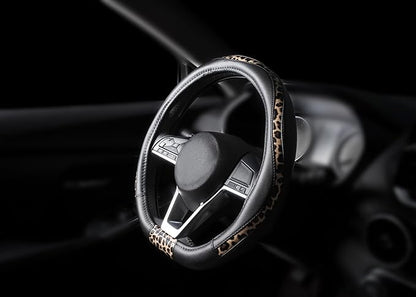 Road Comforts D-Type Steering Wheel Cover - Made with PVC Leather and Leopard Fabric - Universal Fit for 15-Inch D-Shaped Automotive Steering Wheels (Black Color)