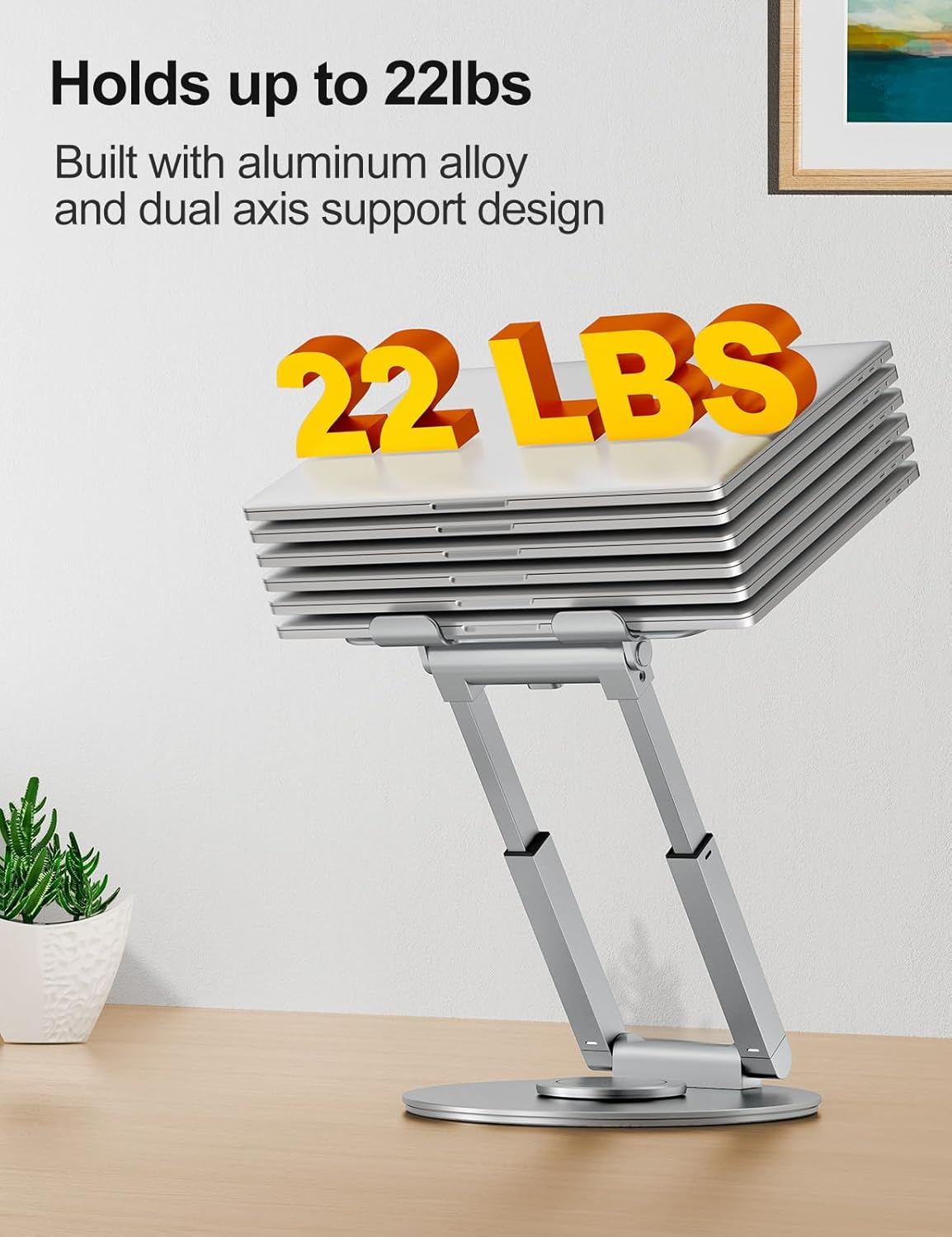 tounee Telescopic Laptop Stand for Desk with 360° Swivel Base, Sit to Stand, Height Adjustable, Portable Riser Holder for Good Posture, Compatible with All Laptops 10-17"-Silver