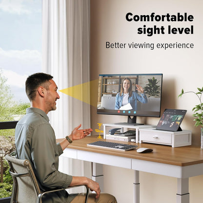 WOHOMO Dual Monitor Stand Riser with Drawers, Desk Organizers for 2 Monitors, Desktop Storage Stand for Computer,Laptop,White