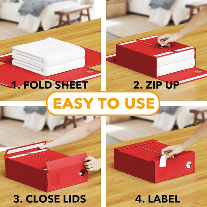 SpaceAid 12 Pack Bed Sheet Organizers and Storage, Foldable Organizer for Linen Closet, Set Folder Keeper With Window XL (Queen & King Size) Bedding Container (Red)