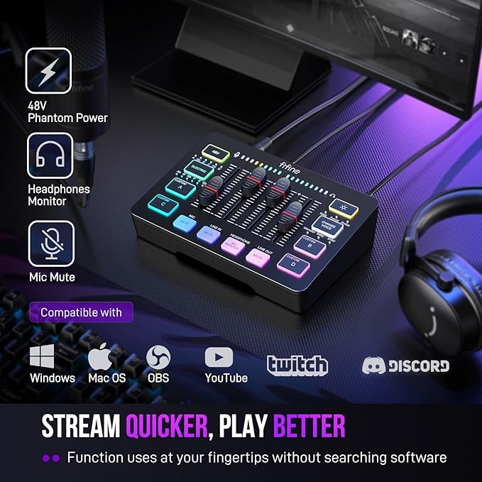 FIFINE Gaming Audio Mixer, Streaming RGB PC Mixer