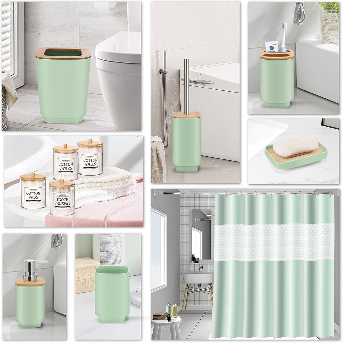 IMAVO Bathroom Accessories Set,Green Bathroom Set,11 Pieces Bathroom Accessory Set,Trash Can for Bathroom Accessories Décor and Housewarming Gifts