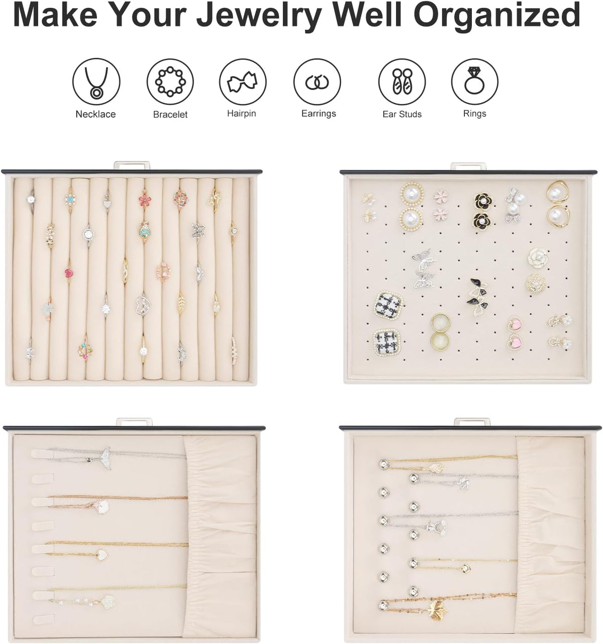 DesignSter Jewelry Box Organizer, Jewelry Box for Women, PU Jewelry Organizer Display Case with Side Drawers, Jewelry Storage for Earring Necklace Ring Bracelet Watch