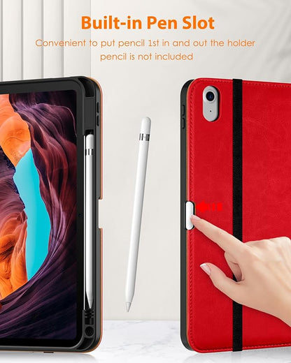DTTO for iPad (A16) 11th Generation Case 11 Inch 2025, iPad 10th Generation Case 10.9 Inch 2022, Premium Leather Business Folio Stand Cover with Pencil Holder - Auto Wake/Sleep, Bright Red