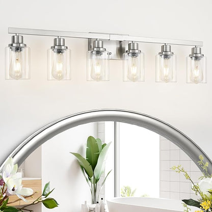 DIKAIDA Bathroom Vanity Light, 6-Light Nickel Modern Matte Wall Sconce Lighting