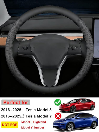 Leather Steering Wheel Cover for 2016-2025 Tesla Model 3/Y(Not for Juniper Y Highland 3),Non-Slip Breathable Steering Wheel Protector for Model 3 Y Steering Wheel,Sweatproof,Slip-on(Black)