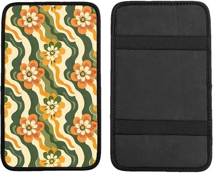 Boho Daisy Center Console Armrest Cover Hippie Car Center Console Pad Yellow Green Stripe Automotive Decor Accessories Arm Rest Seat Box Covers