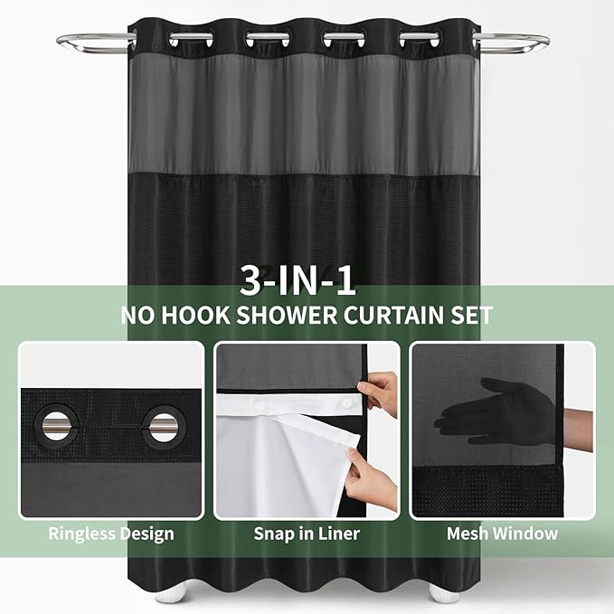 eachope Stall No Hook Shower Curtain with Snap-in Fabric Liner Set,Waffle Weave Shower Curtains for Bathroom,Hotel Luxury Decor Bathroom Curtain Set,Waterproof & Washable,Black,54Wx80H