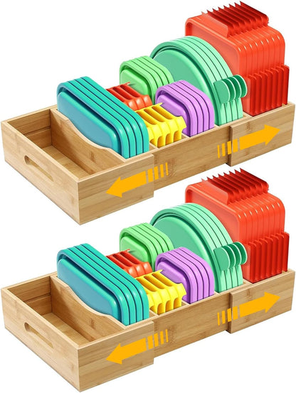 2 Pack Expandable Food Container Lid Organizers, Gift for Christmas Bamboo Lids Organizer Inside Cabinet with 3 Adjustable Dividers Groove Design, Food Storage Box Lid Holder for Kitchen Organization