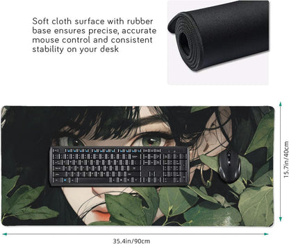 Girl in Foliage Large Mouse Pad, Anime Style Gaming Desk Mat, XXL Keyboard Desk Pad Mat for Desktop, 35.4"x15.7" Non-Slip Base Big Mousepad with Stitched Edges