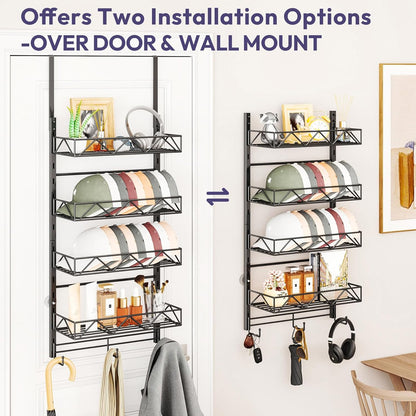 SWTYMIKI Over Door Hat Organizer - 5 Tier Wall Mounted Hat Rack with 4 Adjustable Metal Basket and 3 Hooks, Hanging Baseball Cap Organizer Storage Holds up to 49 Caps for Door, Bedroom, Closet
