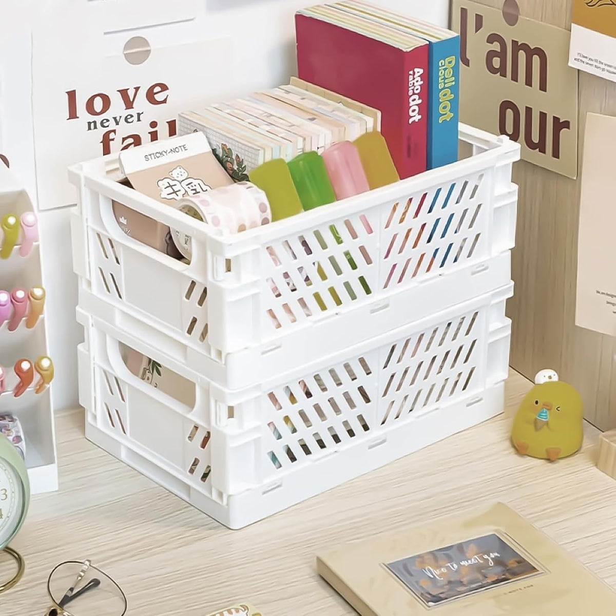 Pastel Plastic Storage Baskets 2 Pack, Collapsible Crates for Organizing, Space-Saving Bins for Kitchen, Office, Bedroom (Grey, Medium:9.8" x 6.5" x 3.8")