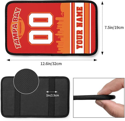 Custom Tampa Bay Car Armrest Covers Personalized Football Style with Name Number Customized Auto Center Console Pad Car Handrail Box Cushion for Most Vehicle Decor Accessories, Fans Gift