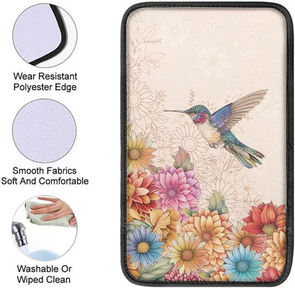 Center Console Armrest Cover Pad for Most Vehicle, Boho Flower Hummingbird Armrest Cushion Protector for SUV, Truck, Car,Universal Fit Car Accessories Interior
