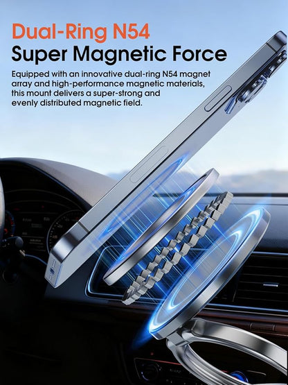 Vacuum Magnetic Car Phone Holder with Strong Magnets, 360° Adjustable Dash Cell Phone Holders, Foldabl Magsafe Car Mount with Vacuum Suction Cup for Cars/Gym/Mirror/Smooth Surface iOS Android, Black