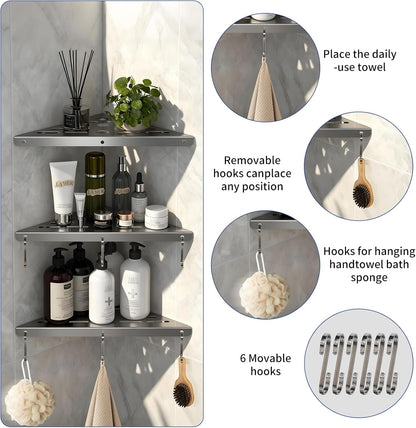 Shower Corner Shelf 304 Stainless Steel Shower Caddy 3 Tier Shower Organizer Niche Extra 6 Hangers Shelves 40 lbs Large Capacity Bathroom Storage for Inside Anti-Rust Drilling Installation(Silver)