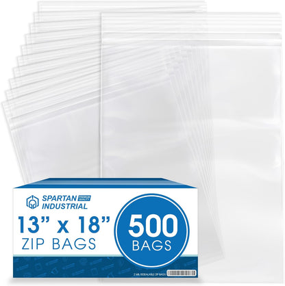 Spartan Industrial - 13” X 18” (500 Count) 2 Mil Clear Reclosable Zip Plastic Poly Bags with Resealable Lock Seal Zipper