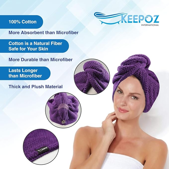 KEEPOZ Hair Towel Wrap Quick Dry 100% Cotton Super Absorbent Turban Head Wrap for Women with Button, Non Microfiber Anti Frizz Hair Products, Hair Cap for Curly, Long Hair (Purple Check, 2 Pcs)