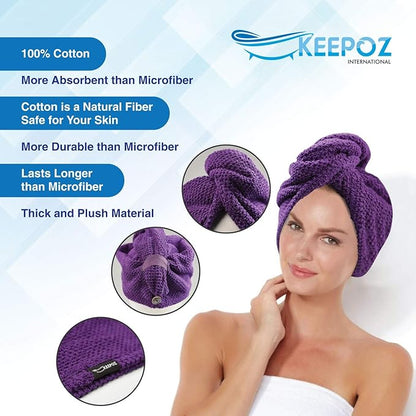KEEPOZ Hair Towel Wrap Quick Dry 100% Cotton Super Absorbent Turban Head Wrap for Women with Button, Non Microfiber Anti Frizz Hair Products, Hair Cap for Curly, Long Hair (Purple Check, 2 Pcs)