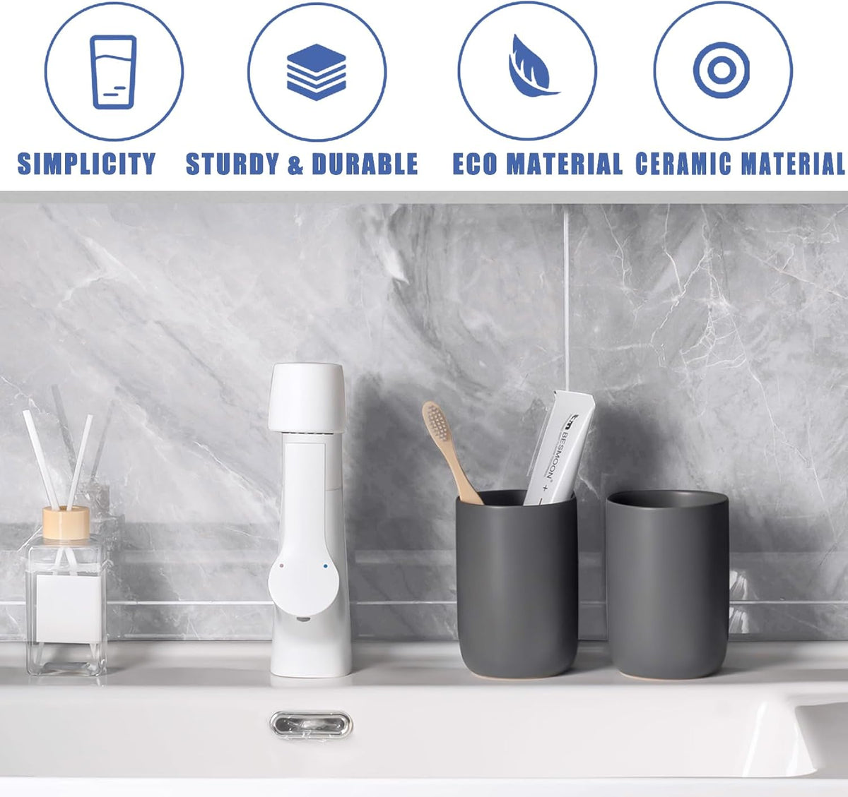Toothbrush Holders for Bathrooms - 1 Cups Ceramic Toothbrush Toothpaste Holders, Grey Bathroom Tumbler Cups Reusable Toothbrush Mouthwash Cup, Bathroom Counter Organizer.