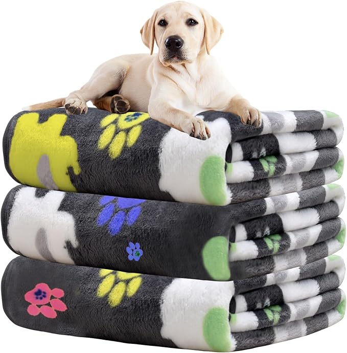 Rezutan 1 Pack 3 Dog Blanket for Large Dogs,41x31 inch for Medium Soft Fluffy Washable Pet Cat Blankets,Reversible Elephant & Paw Print for Dog Kennels & Beds, Sofas, Grey