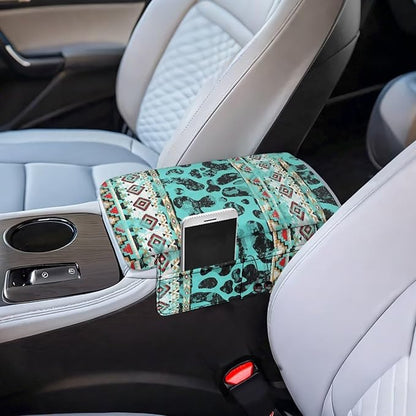 Wanyint Aztec Cow Print Teal Auto Center Console Armrest Cover Arm Rest Seat Box Protective Cover with Side Storage Pockets Comfortable Middle Console Pad for Car Side Storage Box