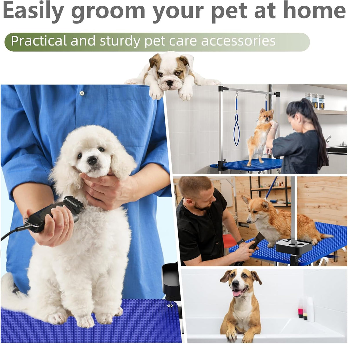 VFK 36''/47''Large Dog Grooming Table, Foldable Pet Station at Home, Dog Grooming Table,Adjustable Cat Drying Desktop with Arms, Nooses, Mesh Tray (Stainless Steel pet Table, 36" Blue)
