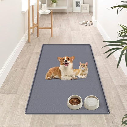 Bartuke Dog Food Mat, Extra Large 34" x 22" Silicone Pet Feeding Mat with Raised Edge Pet Placemat for Small, Medium, and Large Pets Non-Slip, Easy to Clean (Dark Grey)
