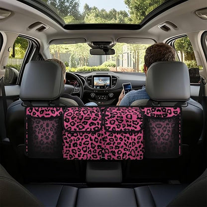 Trendy Car Trunk Organizer Pink Leopard Print Sturdy Back Seat Car Organizer for Women Girls Trunk Storage Bag with Extra Storage Space for SUVs,Trucks,Vans