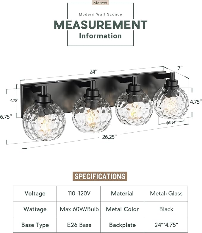 METWET Bathroom Light Fixtures Over Mirror, 4-Light Modern Sconces Wall Lighting