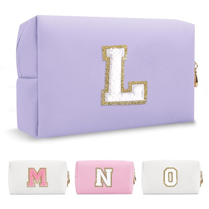 Personalized Makeup Bag Initial A-Z Preppy Patch Bag,Small PU Leather Travel Cosmetic Bag Pouch with Zipper,Purple Cute Toiletry Bag,Gift Ideal for Teen Girls Women Birthday Friend Mom,Latter L