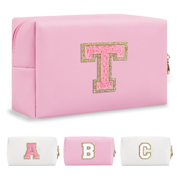 Personalized Initial A-Z Preppy Patch Makeup Bag,Small PU Leather Chenille Letter Cosmetic Bag with Zipper for Teen Girls,Pink Cute Travel Toiletry Bag,Birthday Monogrammed Gift for Daughter,Letter T
