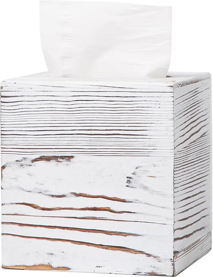 CATORY Tissue Box Cover, Wood Tissue Box Cover Square, Farmhouse Tissue Box Holder Covers Your Tissues, Decorative Tissue Cube Box Cover with Slide-Out Bottom (White)