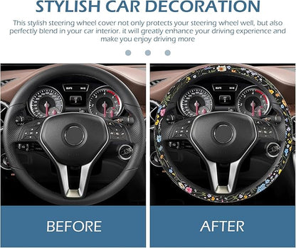 Flower Steering Wheel Cover, Cute Breathable Steer Wheel Protection Cover, Auto Non-slip Wildflowers Steering Protector, Universal for Most Cars, Trucks, SUVs (Multicolored)