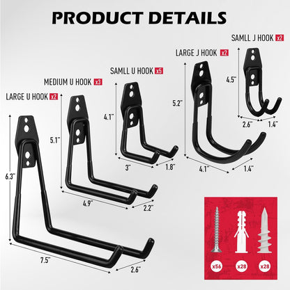 20 Pack Heavy Duty Garage Storage Hooks with Extension Cord Organizer, Solid Steel Wall Mount Hook Set with Anti-Slip Coating Utility J Hooks for Ladders,Bikes,Ropes,Broom,Garden,Yard and Power Tools
