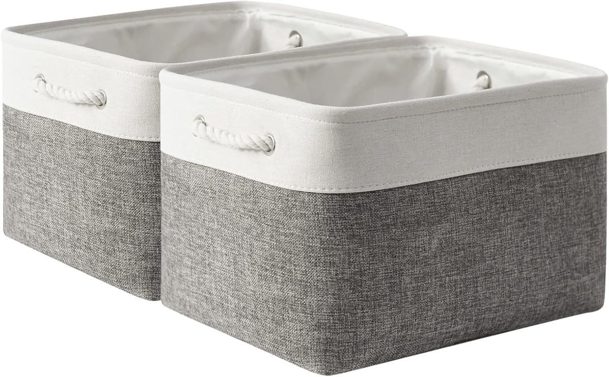 Storage Basket for Shelves - 17X15X12 inch 2 Pack Fabric Cube Storage Bin Collapsible Baskets for Organizing with Rope, Storage Box for Cloth Decorative (White & Grey)