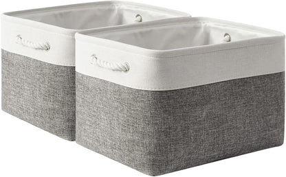 Storage Basket for Shelves - 17X15X12 inch 2 Pack Fabric Cube Storage Bin Collapsible Baskets for Organizing with Rope, Storage Box for Cloth Decorative (White & Grey)