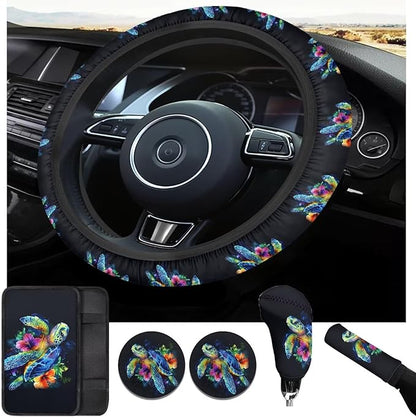 Sea Turtle Print Car Steering Wheel Cover Set for Men Women Colorful Turtle Cars Interior Decor Handbrake Cover Cup Coaster Fit for SUV Truck Vans